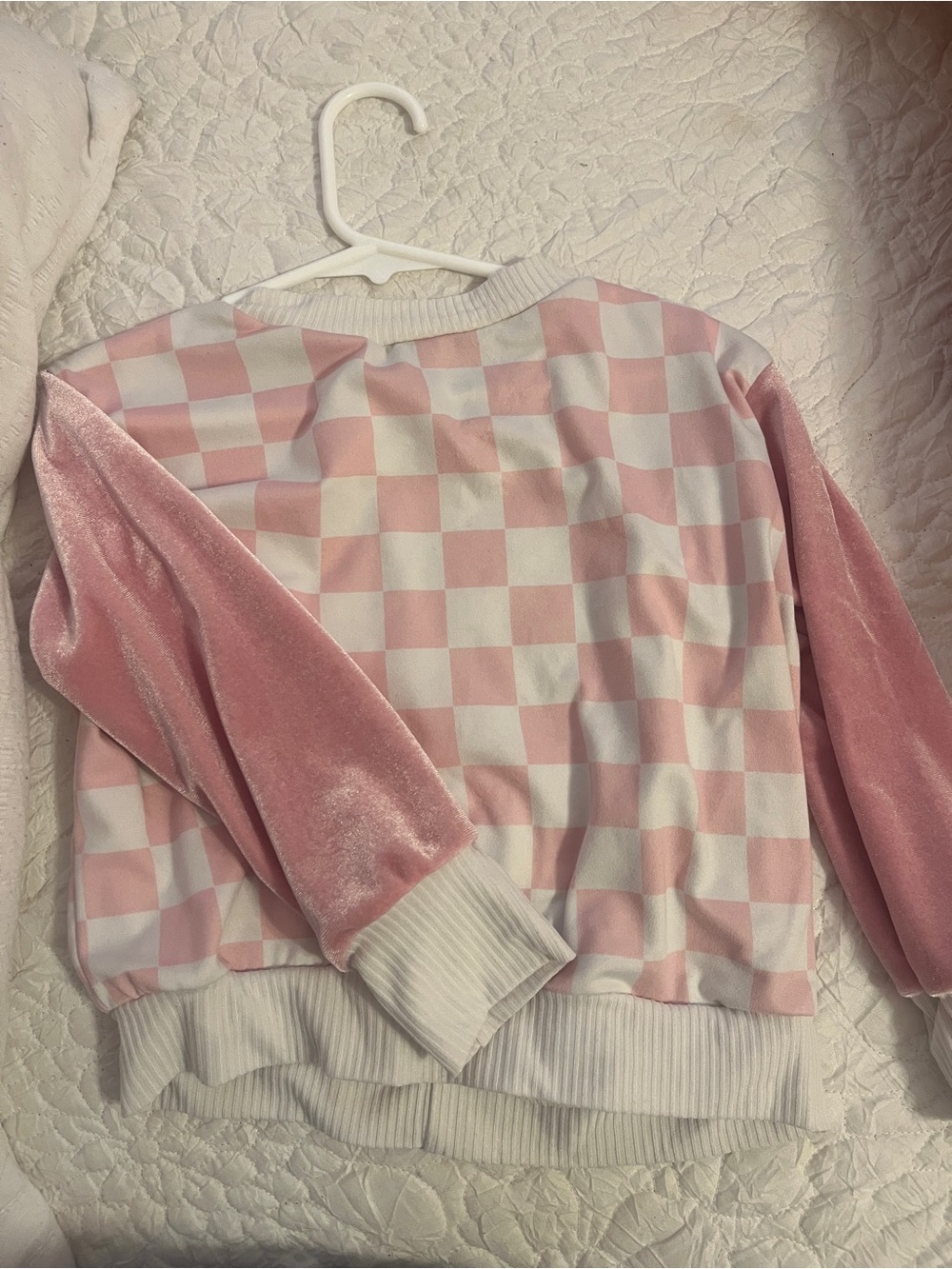 Girls' Pink Checkerboard Long Sleeve Top with Velvet Sleeves